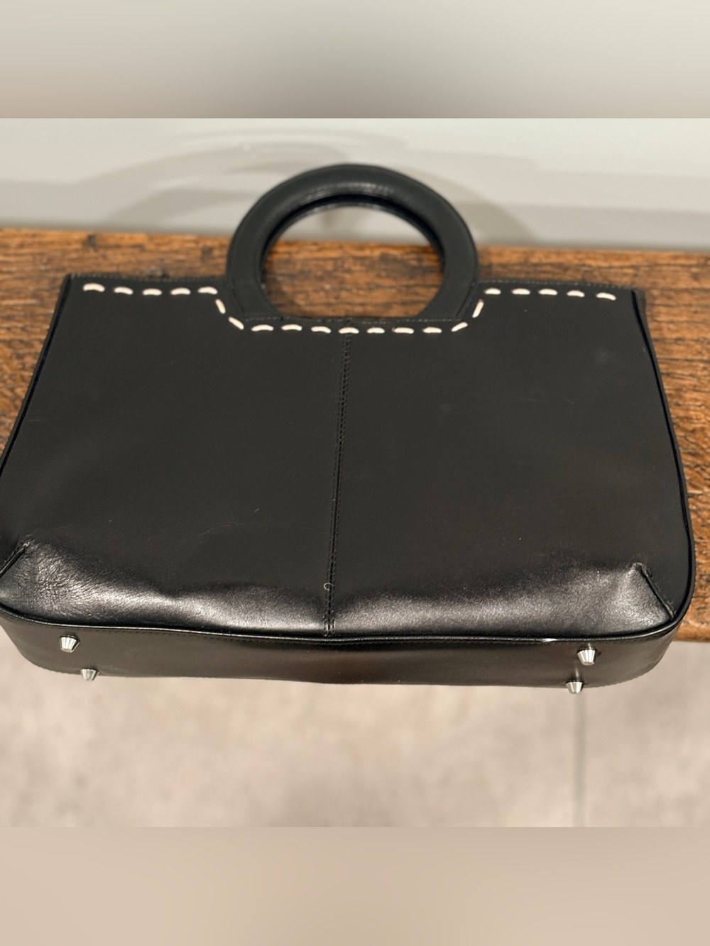 Vintage Black Leather Cutout Top Handle Handbag Y2K Contrast Stitch 13x8” - Picture 6 of 16